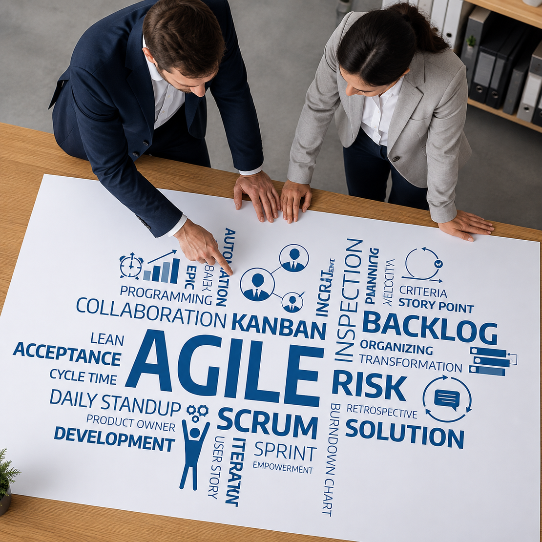 Transformationsteam arbeitet mit Berater an Organisationsstruktur