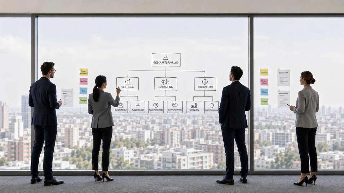Visualisierte Organisationsstruktur mit Teams und Bereichen