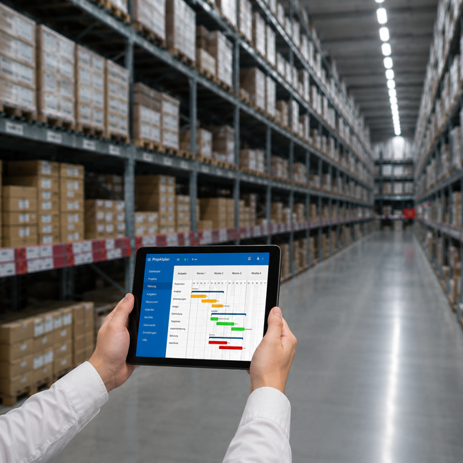 Leiter Logistik in einem modernen Lager mit Regalanlagen